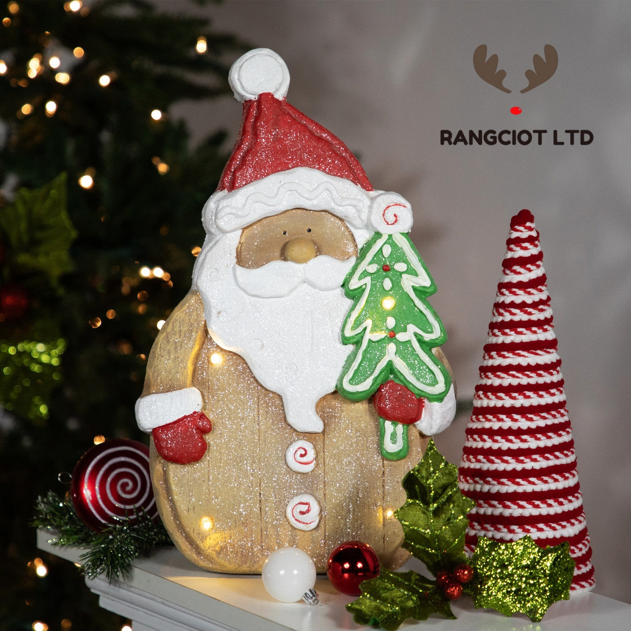 LED Lighted Gingerbread Santa Claus Glittered Christmas Figure