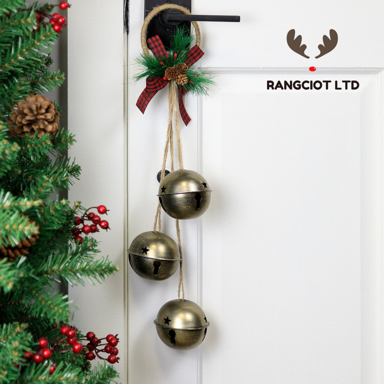 Jingle Bells with Plaid Bow Hanging Christmas Decoration - 20" - Gold